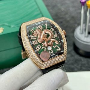 Đồng Hồ Franck Muller V45 Rep 11 Mạ Vàng Hồng Họa Tiết Rồng Màu Xanh Lá Cây ABF 45mm (2)