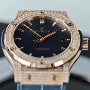 Đồng Hồ Hublot Replica Cao Cấp Classic Fusion King Gold Mặt Xanh Dương Đính Đá Xưởng HB 42mm (2)
