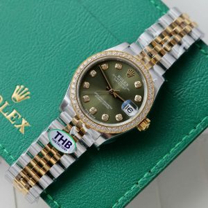 Đồng Hồ Rolex DateJust Mặt Xanh Lá Cây Replica 11 Mạ Vàng Hồng Viền Đính Đá THB 31mm (2)