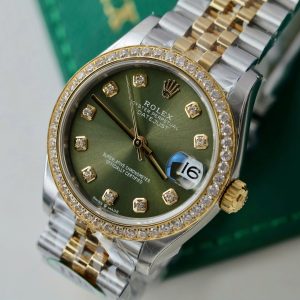 Đồng Hồ Rolex DateJust Mặt Xanh Lá Cây Replica 11 Mạ Vàng Hồng Viền Đính Đá THB 31mm (2)