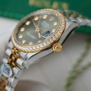 Đồng Hồ Rolex DateJust Mặt Xanh Lá Cây Replica 11 Mạ Vàng Hồng Viền Đính Đá THB 31mm (2)