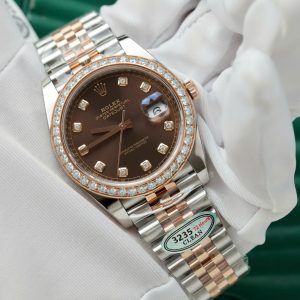 Đồng Hồ Rolex DateJust Nam Mặt Chocolate Replica 11 Viền Đính Kim Cương Moissanite Xưởng Clean 41mm (2)
