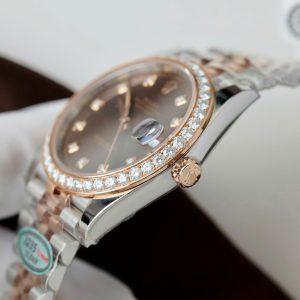 Đồng Hồ Rolex DateJust Nam Mặt Chocolate Replica 11 Viền Đính Kim Cương Moissanite Xưởng Clean 41mm (2)