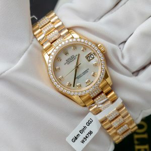 Đồng Hồ Rolex DateJust Nữ Mặt Khảm Xà Cừ Chế Tác Bọc Vàng Đính Moissanite 31mm (2)