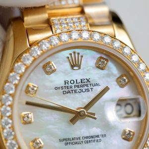 Đồng Hồ Rolex DateJust Nữ Mặt Khảm Xà Cừ Chế Tác Bọc Vàng Đính Moissanite 31mm (2)