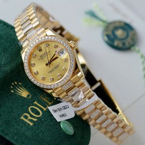 Đồng Hồ Rolex DateJust Nữ Mặt Vàng Chế Tác Bọc Vàng Đính Moissanite Xưởng GM 31mm (2)
