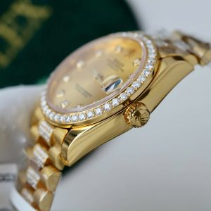 Đồng Hồ Rolex DateJust Nữ Mặt Vàng Chế Tác Bọc Vàng Đính Moissanite Xưởng GM 31mm (2)