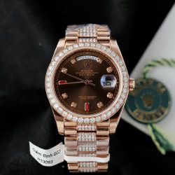 Đồng Hồ Rolex Day-Date Mặt Số Chocolate Chế Tác Bọc Vàng Thật + Đính Kim Cương Moissanite 36mm (2)