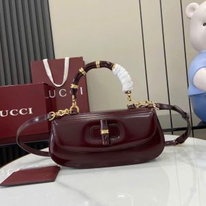 Túi Xách Hàng Hiệu Gucci Bamboo Diva Nữ Chất Da Bóng Màu Đỏ Mận 26