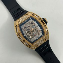 Đồng Hồ Richard Mille Fake Cao Cấp RM052 Rose Gold Skull Đính Đá Dây Cao Su 42mm (2)