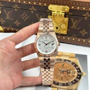 Đồng Hồ Rolex Land-Dweller 127335 Rep 11 Mạ Vàng Hồng Mặt Trắng Họa Tiết Tổ Ong (11)