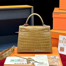 Túi Xách Hermes Kelly Replica 11 Da Cá Sấu Nhập Khẩu Màu Nâu 20cm (2)