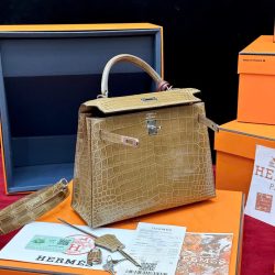 Túi Xách Hermes Kelly Replica 11 Da Cá Sấu Nhập Khẩu Màu Nâu 20cm (2)