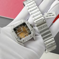 Đồng Hồ Cartier Santos Mặt Nâu Chế Tác Độ Moissanite Dây Kim Loại Xưởng BV 39 (2)