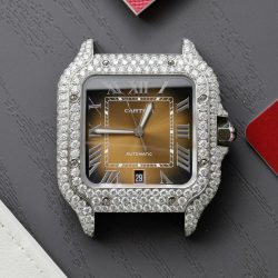 Đồng Hồ Cartier Santos Mặt Nâu Chế Tác Độ Moissanite Dây Kim Loại Xưởng BV 39 (2)