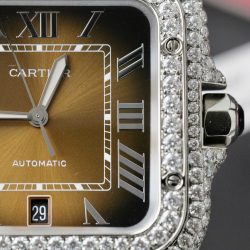 Đồng Hồ Cartier Santos Mặt Nâu Chế Tác Độ Moissanite Dây Kim Loại Xưởng BV 39 (2)