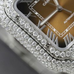 Đồng Hồ Cartier Santos Mặt Nâu Chế Tác Độ Moissanite Dây Kim Loại Xưởng BV 39 (2)
