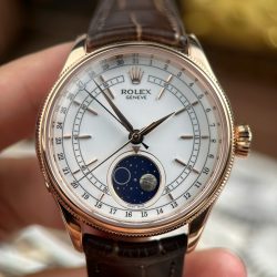 Đồng Hồ Rolex Cellini Moonphase 50535 Rep 11 Mạ Vàng Hồng Dây Da Nâu Xưởng KZ 39mm (2)