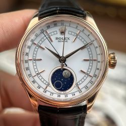 Đồng Hồ Rolex Cellini Moonphase 50535 Replica 11 Mạ Vàng Hồng Dây Da Đen Xưởng KZ 39mm (1)