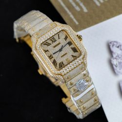 Đồng Hồ Cartier Santos Màu Vàng Chế Tác Đính Full Kim Cương Moissanite 39 (2)