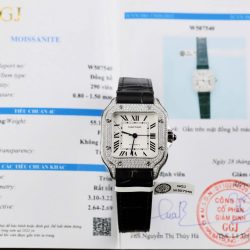 Đồng Hồ Cartier Santos Nữ Chế Tác Đính Kim Cương Moissanite Dây Da Đen Xưởng BV 35 (2)