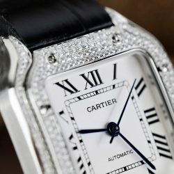Đồng Hồ Cartier Santos Nữ Chế Tác Đính Kim Cương Moissanite Dây Da Đen Xưởng BV 35 (2)