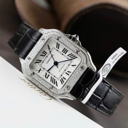 Đồng Hồ Cartier Santos Nữ Chế Tác Đính Kim Cương Moissanite Dây Da Đen Xưởng BV 35 (2)