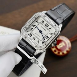 Đồng Hồ Cartier Santos Nữ Chế Tác Đính Kim Cương Moissanite Dây Da Đen Xưởng BV 35 (2)