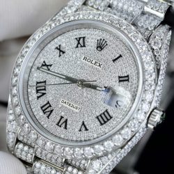 Đồng Hồ Rolex DateJust Cọc Số La Mã Replica 11 Đính Full Kim Cương Moissanite Hong Kong 41mm (2)