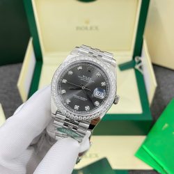 Đồng Hồ Rolex DateJust Replica 11 Mặt Xám Viền Đính Kim Cương Moissnaite Nhà Máy Clean 41mm (2)