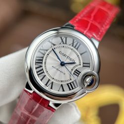 Đồng Hồ Cartier Ballon Bleu Chế Tác Mặt Trắng Dây Da Màu Đỏ Nhà Máy AF 33mm (2)