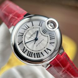 Đồng Hồ Cartier Ballon Bleu Chế Tác Mặt Trắng Dây Da Màu Đỏ Nhà Máy AF 33mm (2)