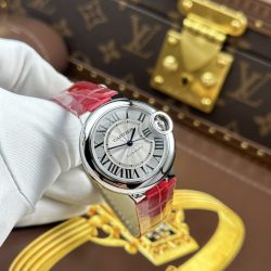 Đồng Hồ Cartier Ballon Bleu Chế Tác Mặt Trắng Dây Da Màu Đỏ Nhà Máy AF 33mm (2)