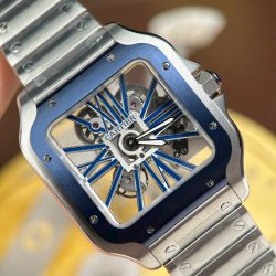 Đồng Hồ Cartier Santos Chế Tác Mặt Lộ Cơ Viền Xanh Dương Dây Kim Loại 39 (2)