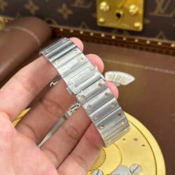 Đồng Hồ Cartier Santos Rep Cao Cấp Mặt Lộ Cơ Viền Vàng Dây Kim Loại 39 (1)