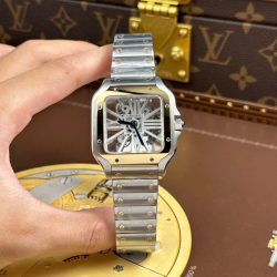Đồng Hồ Cartier Santos Rep Cao Cấp Mặt Lộ Cơ Viền Vàng Dây Kim Loại 39 (1)
