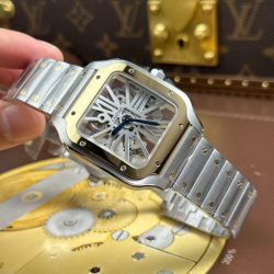 Đồng Hồ Cartier Santos Rep Cao Cấp Mặt Lộ Cơ Viền Vàng Dây Kim Loại 39 (1)