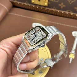 Đồng Hồ Cartier Santos Rep Cao Cấp Mặt Lộ Cơ Viền Vàng Dây Kim Loại 39 (1)