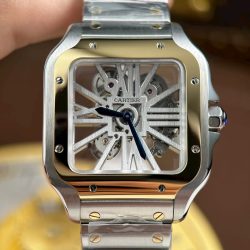 Đồng Hồ Cartier Santos Rep Cao Cấp Mặt Lộ Cơ Viền Vàng Dây Kim Loại 39 (1)