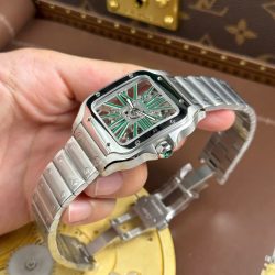 Đồng Hồ Cartier Santos Replica 11 Mặt Lộ Cơ Cọc Số Màu Xanh Lá Cây 39 (2)