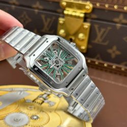 Đồng Hồ Cartier Santos Replica 11 Mặt Lộ Cơ Cọc Số Màu Xanh Lá Cây 39 (2)