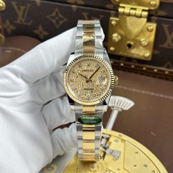 Đồng Hồ Rolex DateJust Replica 11 Mặt Vàng Họa Tiết Vi Tinh Dây Oyster Xưởng AR 36mm (2)