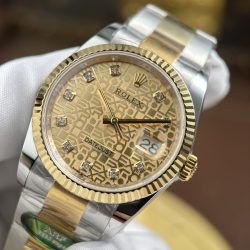 Đồng Hồ Rolex DateJust Replica 11 Mặt Vàng Họa Tiết Vi Tinh Dây Oyster Xưởng AR 36mm (2)