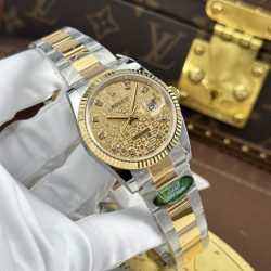 Đồng Hồ Rolex DateJust Replica 11 Mặt Vàng Họa Tiết Vi Tinh Dây Oyster Xưởng AR 36mm (2)