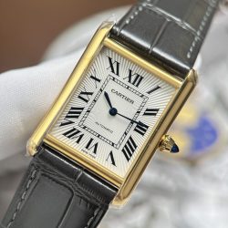 Đồng Hồ Cartier Tank Louis Fake 11 Mặt Trắng Dây Da Màu Xám 27.8×38 (2)