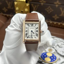 Đồng Hồ Cartier Tank Louis Fake Cao Cấp Mặt Trắng Dây Da Màu Nâu 27.8×38 (2)