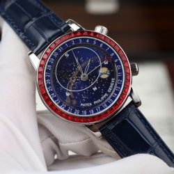 Đồng Hồ Patek Philippe Grand Complications 6104G Replica 11 Màu Xanh Dương Viền Đính Đá Đỏ 40mm (2)