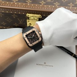 Đồng Hồ Cartier Santos Fake Cao Cấp Mặt Đen Viền Vàng Hồng Máy Cơ Tự Động 51.1×41 (2)