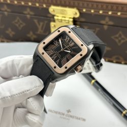 Đồng Hồ Cartier Santos Fake Cao Cấp Mặt Đen Viền Vàng Hồng Máy Cơ Tự Động 51.1×41 (2)