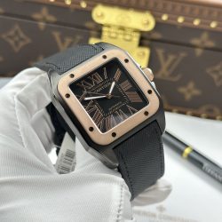 Đồng Hồ Cartier Santos Fake Cao Cấp Mặt Đen Viền Vàng Hồng Máy Cơ Tự Động 51.1×41 (2)